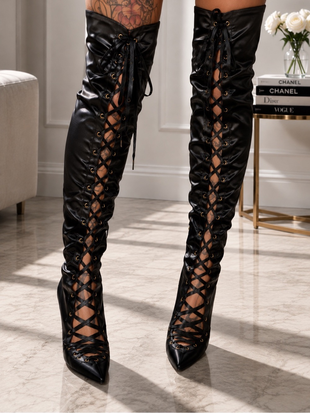 Satin Black Lace-Up thigh high Boots